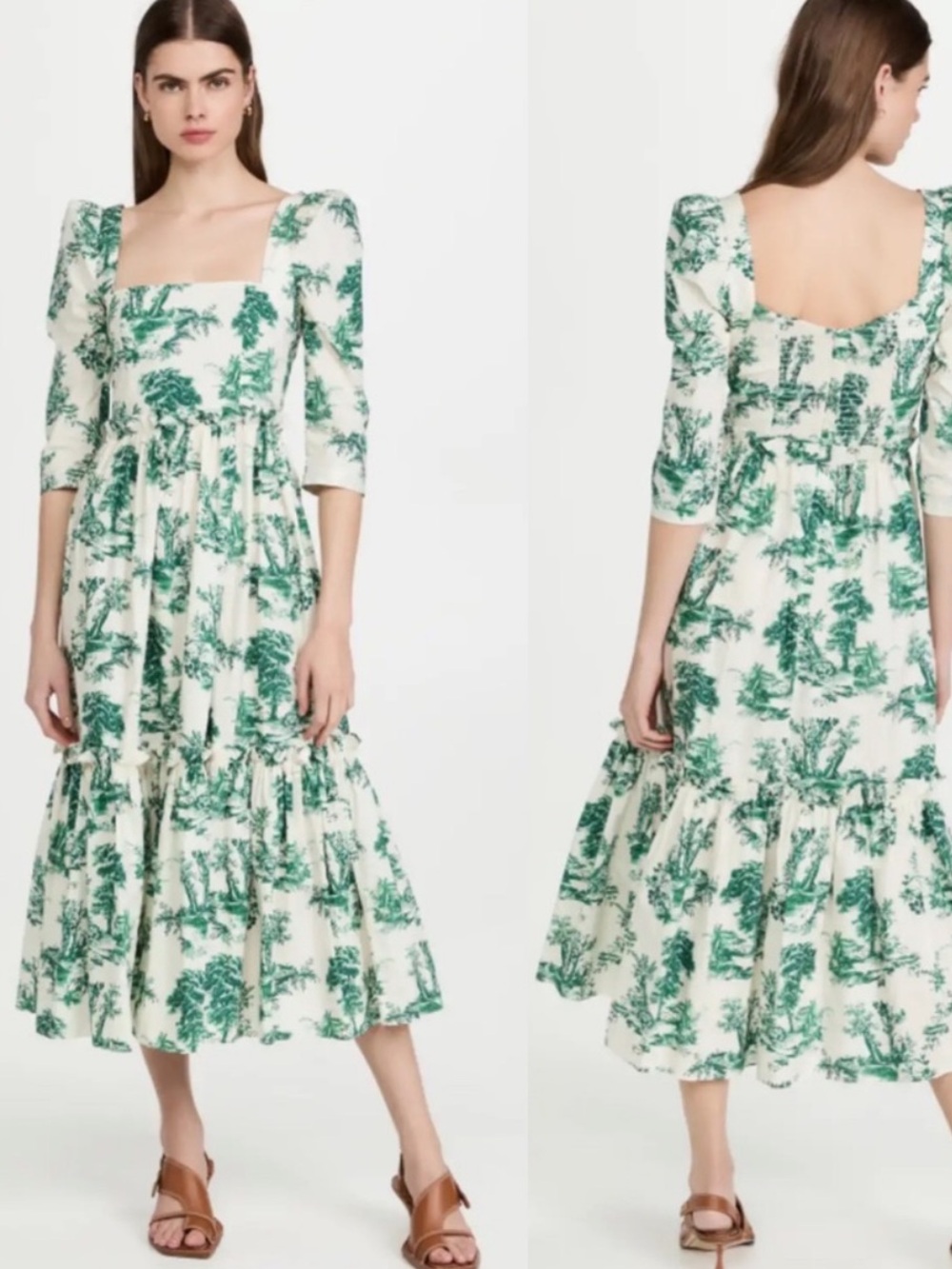 Cara Cara Cream and Green Toile Square-Neck Midi Dress